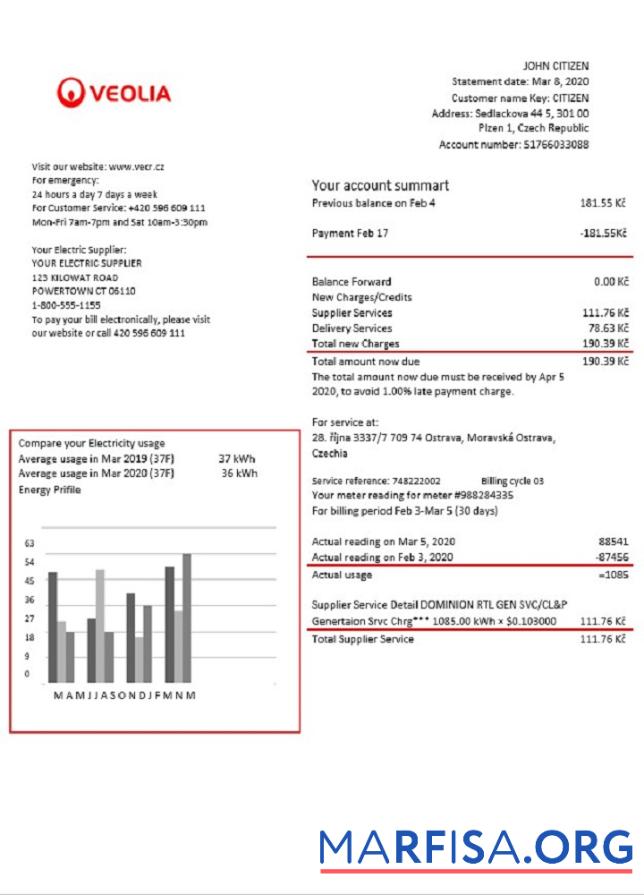 Printable Czechia Veolia Energy Czech Republic energy utility bill download for verification
